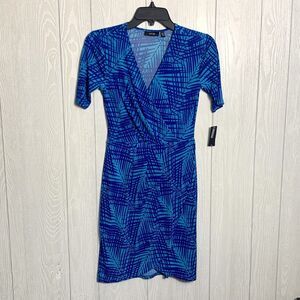 Apt 9 Blue Print Short Sleeve V-Neck Petite Dress Size PXS NWT